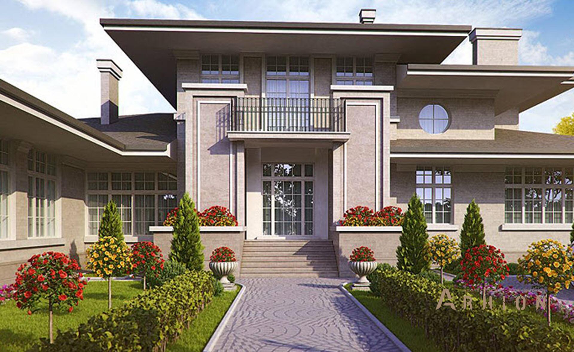 3. Проект двухэтажного дома в стиле Ллойда Райта (прерий) с многоскатной кровлей, SOV-14, площадью - 568 кв c терассой, балконом, бассейном, эркером, вторым светом